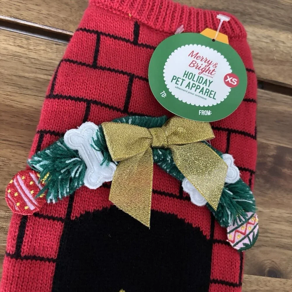 Merry &‎ Bright Holiday Dog “Ugly Sweater” Fireplace Xmas Pet Apparel XS NWT